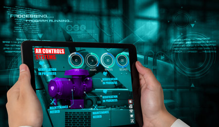 Engineer use augmented reality software in smart factory production line with automated application...