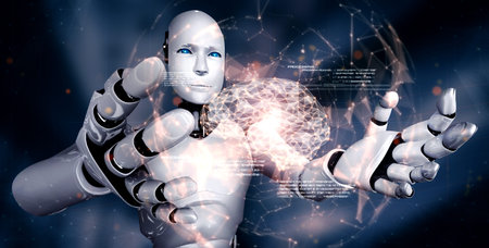 AI humanoid robot holding virtual hologram screen showing concept of AI brain and artificial...