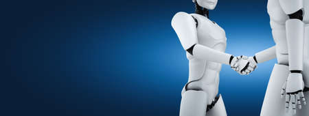 3D rendering humanoid robot handshake to collaborate future technology development by AI thinking brain, artificial intelligence and machine learning process for 4th industrial revolution.の写真素材