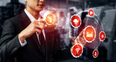 Engineering technology and industry 4.0 smart factory concept with icon graphic showing automation system by using robots and automated machinery controlled via internet network .の写真素材