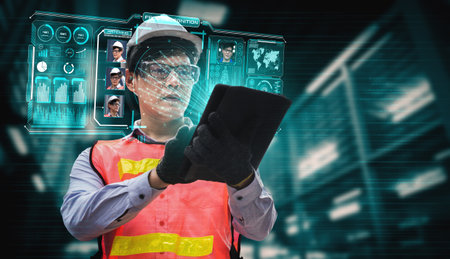 Facial recognition technology for industry worker to access machine control . Future concept interface showing digital biometric security system that analyze human face to verify personal data .の写真素材