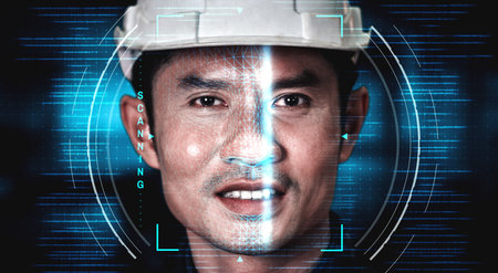 Facial recognition technology for industry worker to access machine control . Future concept interface showing digital biometric security system that analyze human face to verify personal data .の写真素材
