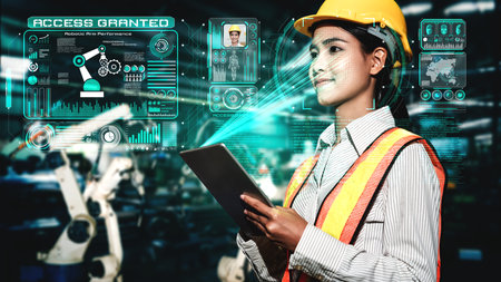 Facial recognition technology for industry worker to access machine control . Future concept interface showing digital biometric security system that analyze human face to verify personal data .の写真素材