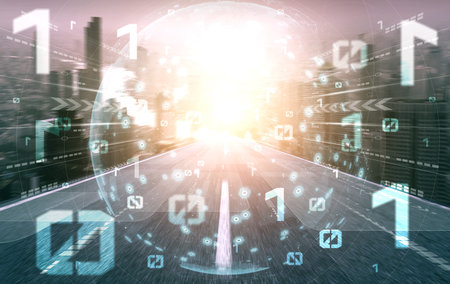 Digital data flow on road with motion blur to create vision of fast speed transfer . Concept of...