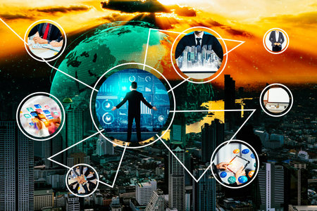 Business network web banner photo set in concept of management and growth by using corporate...