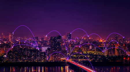 Advanced communication and global internet network connection in smart city . Concept of future 5G wireless digital connecting and social media networking .の写真素材