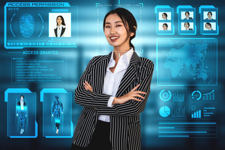 Facial recognition technology scan and detect people face for identification . Future concept interface showing digital biometric security system that analyze human face to verify personal data .の写真素材