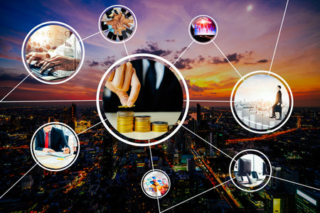 Business network web banner photo set in concept of management and growth by using corporate teamwork and people networking skills .の写真素材