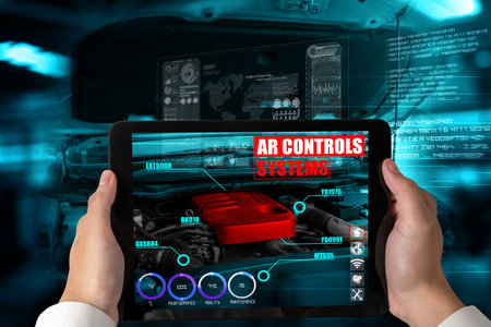 Engineer use augmented reality software to monitor parts of car vehicle with automated application ....