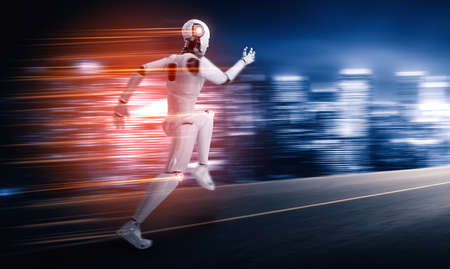 Running robot humanoid showing fast movement and vital energy in concept of future innovation development toward AI brain and artificial intelligence thinking by machine learning. 3D illustration.の写真素材