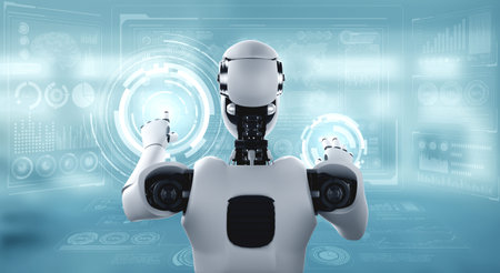 AI humanoid robot touching virtual hologram screen showing concept of big data analytic using...