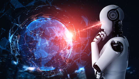 Thinking AI humanoid robot analyzing hologram screen shows concept of network global communication using artificial intelligence by machine learning process. 3D illustration computer graphic.の写真素材