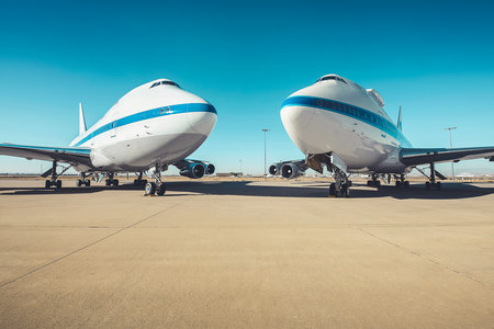 Airplane parking on an airport runway in sunny dayの写真素材