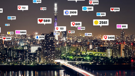 Social media icons fly over city downtown showing people engagement connection through social network application platform . Concept for online community and social media marketing strategy .の写真素材