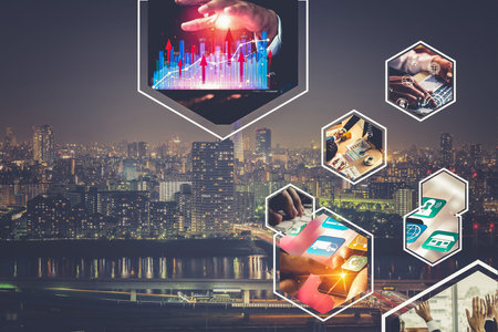 Business network web banner photo set in concept of management and growth by using corporate...