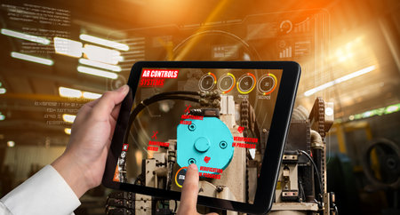 Engineer use augmented reality software in smart factory production line with automated application...