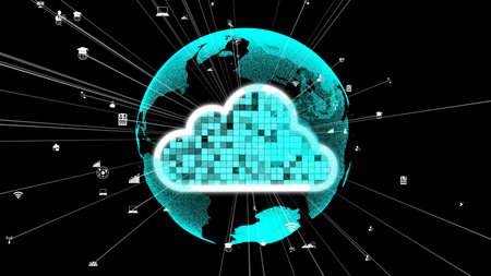 Cloud computing and data storage technology for future innovation . Computer connects to internet...