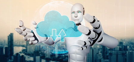 AI robot using cloud computing technology to store data on online server . Futuristic concept of cloud information storage analyzed by machine learning process . 3D rendering illustration .の写真素材