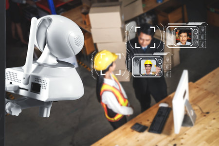 Facial recognition technology for industry worker to access machine control . Future concept interface showing digital biometric security system that analyze human face to verify personal data .の写真素材