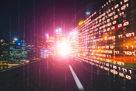 Digital data flow on road with motion blur to create vision of fast speed transfer . Concept of...