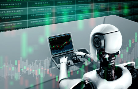 Future financial technology controlled by AI robot using machine learning and artificial intelligence to analyze business data and give advice on investment and trading decision . 3D illustration .の素材 [FY310162695997]