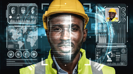 Facial recognition technology for industry worker to access machine control . Future concept interface showing digital biometric security system that analyze human face to verify personal data .の写真素材