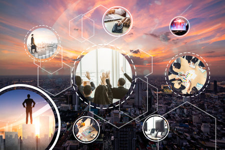 Business network web banner photo set in concept of management and growth by using corporate teamwork and people networking skills .の写真素材