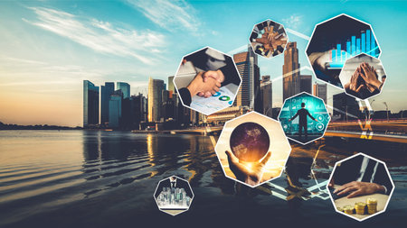 Business network web banner photo set in concept of management and growth by using corporate...