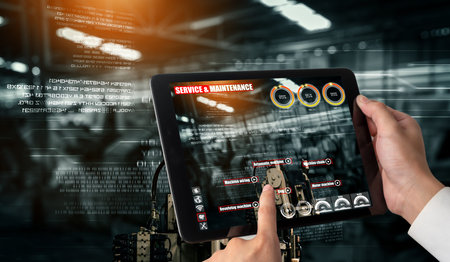 Engineer use augmented reality software in smart factory production line with automated application...