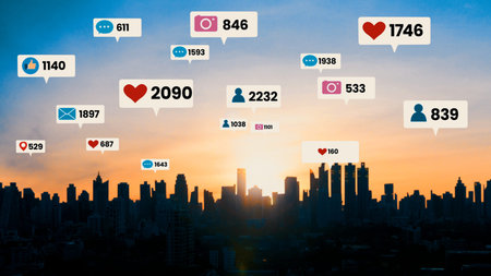 Social media icons fly over city downtown showing people engagement connection through social...