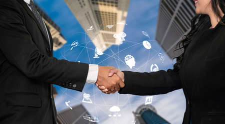 Advanced communication and global internet network connection in smart city . Concept of future 5G wireless digital connecting and social media networking .の写真素材