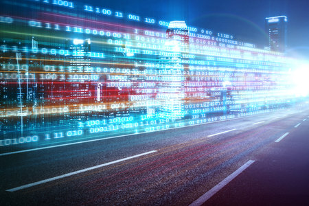 Digital data flow on road with motion blur to create vision of fast speed transfer . Concept of...