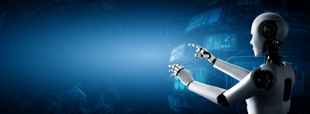 AI humanoid robot touching finger at copy space in concept of artificial intelligence thinking by...
