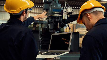 Skillful factory worker working with laptop computer to do procedure checklist . Factory production...