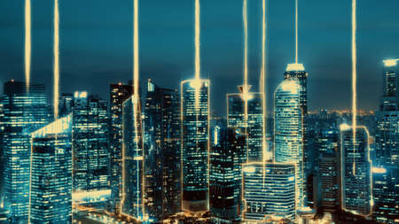 Smart digital city with globalization abstract graphic showing connection network . Concept of future 5G smart wireless digital city and social media networking systems .の写真素材