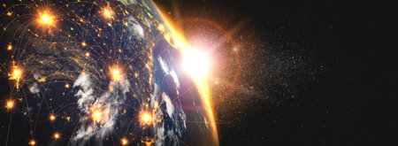 Global network connection covering the earth with lines of innovative perception . Concept of 5G...