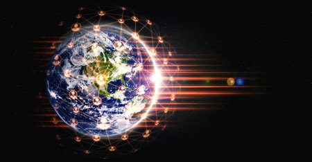People network and global earth connection in innovative perception. Business people with modern...