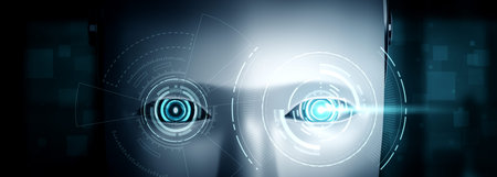 Robot humanoid face close up with graphic concept of AI thinking brain , artificial intelligence and...