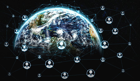 People network and global earth connection in innovative perception. Business people with modern...