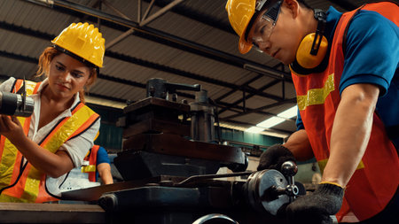 Group of skillful workers using machine equipment in factory workshop . Industry and engineering...