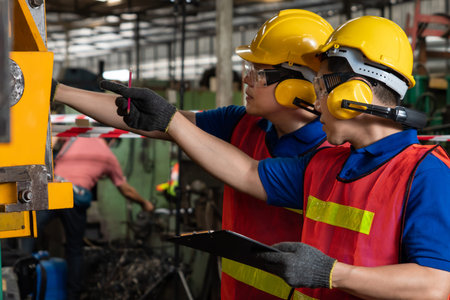 Group of skillful factory workers using machine equipment in workshop . Industry and engineering...
