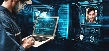Facial recognition technology for industry worker to access machine control . Future concept...