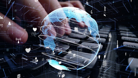 Man working on computer keyboard with graphic of internet network modernization showing concept of...