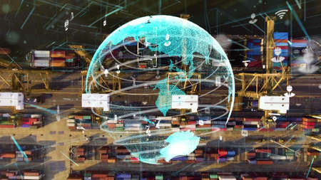 Shipping harbor aerial view with graphic of network technology modernization showing concept of smart digital autonomous technology to control goods import and export stocks calculations .の写真素材