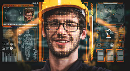 Facial recognition technology for industry worker to access machine control . Future concept interface showing digital biometric security system that analyze human face to verify personal data .の写真素材