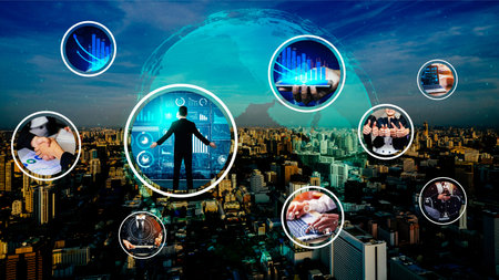 Business network web banner photo set in concept of management and growth by using corporate...