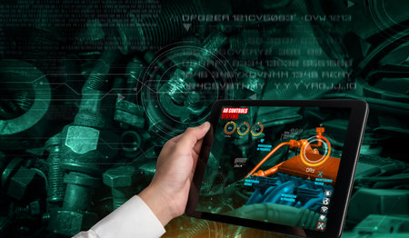Engineer use augmented reality software in smart factory production line with automated application...