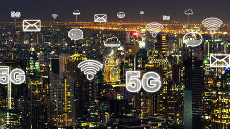 Smart digital city with globalization abstract graphic showing connection network . Concept of future 5G smart wireless digital city and social media networking systems .の写真素材