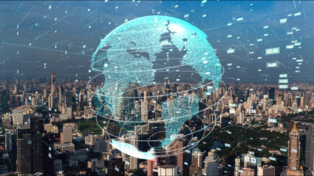 Global connection and the internet network modernization in smart city . Concept of future 5G...