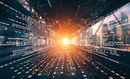 Digital data flow on road with motion blur to create vision of fast speed transfer . Concept of future digital transformation , disruptive innovation and agile business methodology .の写真素材